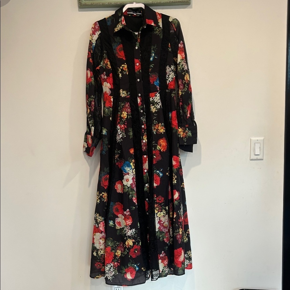 Dalia MacPhee long sleeve black lace dark red floral romantic maxi dress medium